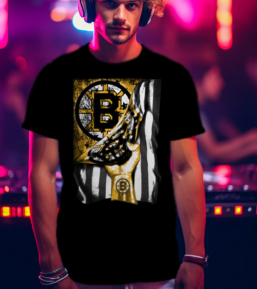 Boston Bruins American Flag Hand Emblem Black And Gold Burst T-Shirt