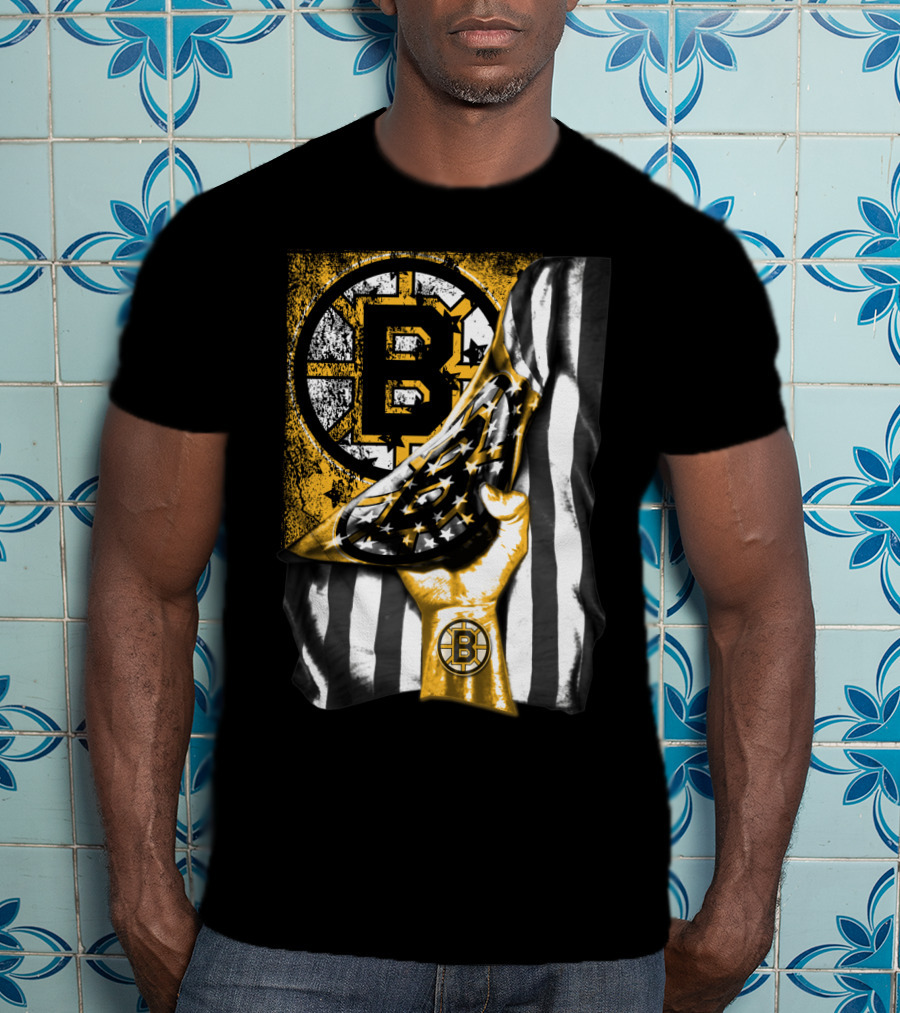 Boston Bruins American Flag Hand Emblem Black And Gold Burst T-Shirt