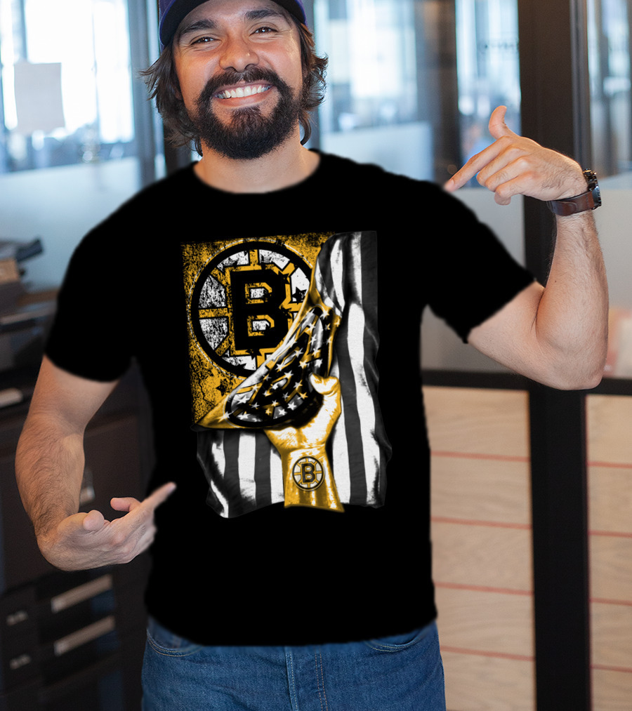 Boston Bruins American Flag Hand Emblem Black And Gold Burst T-Shirt
