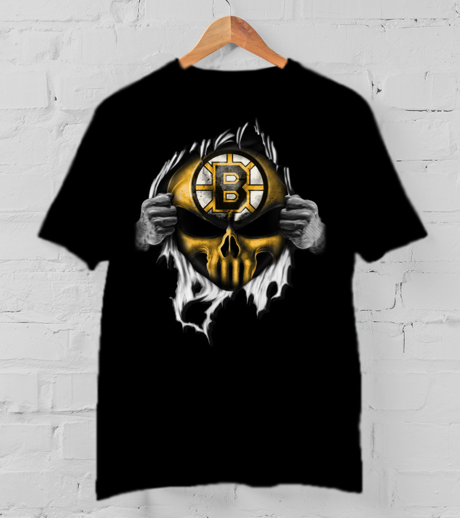 Boston Bruins Skull Logo Ripping Through T-Shirt