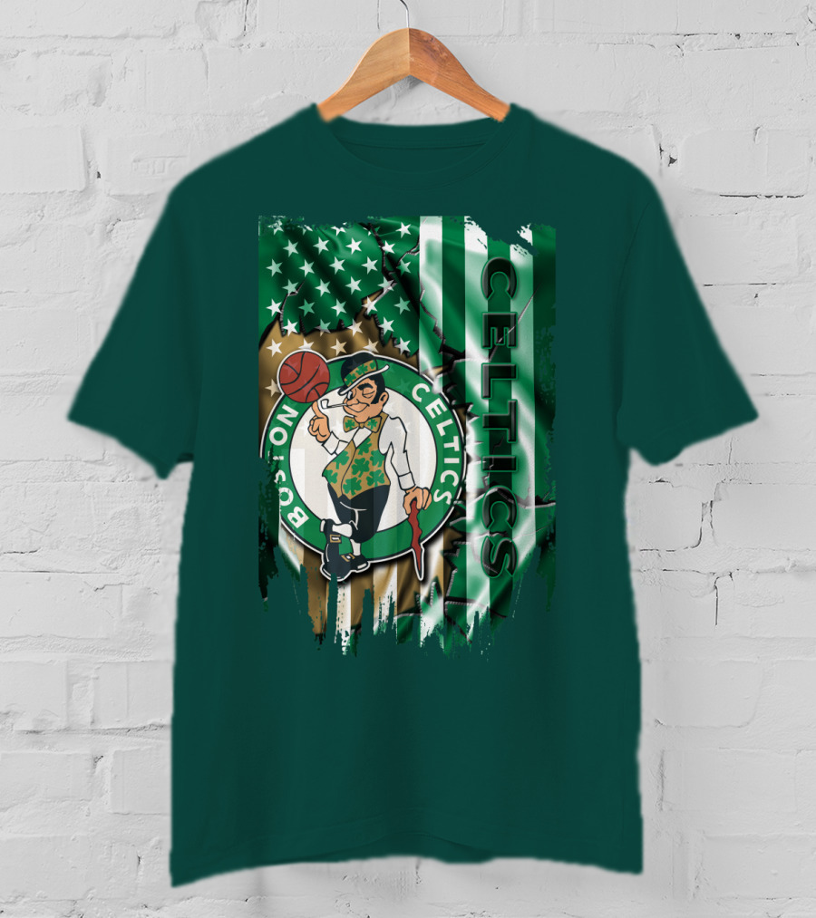 Boston Celtics Shamrock Leprechaun American Flag Basketball T-Shirt