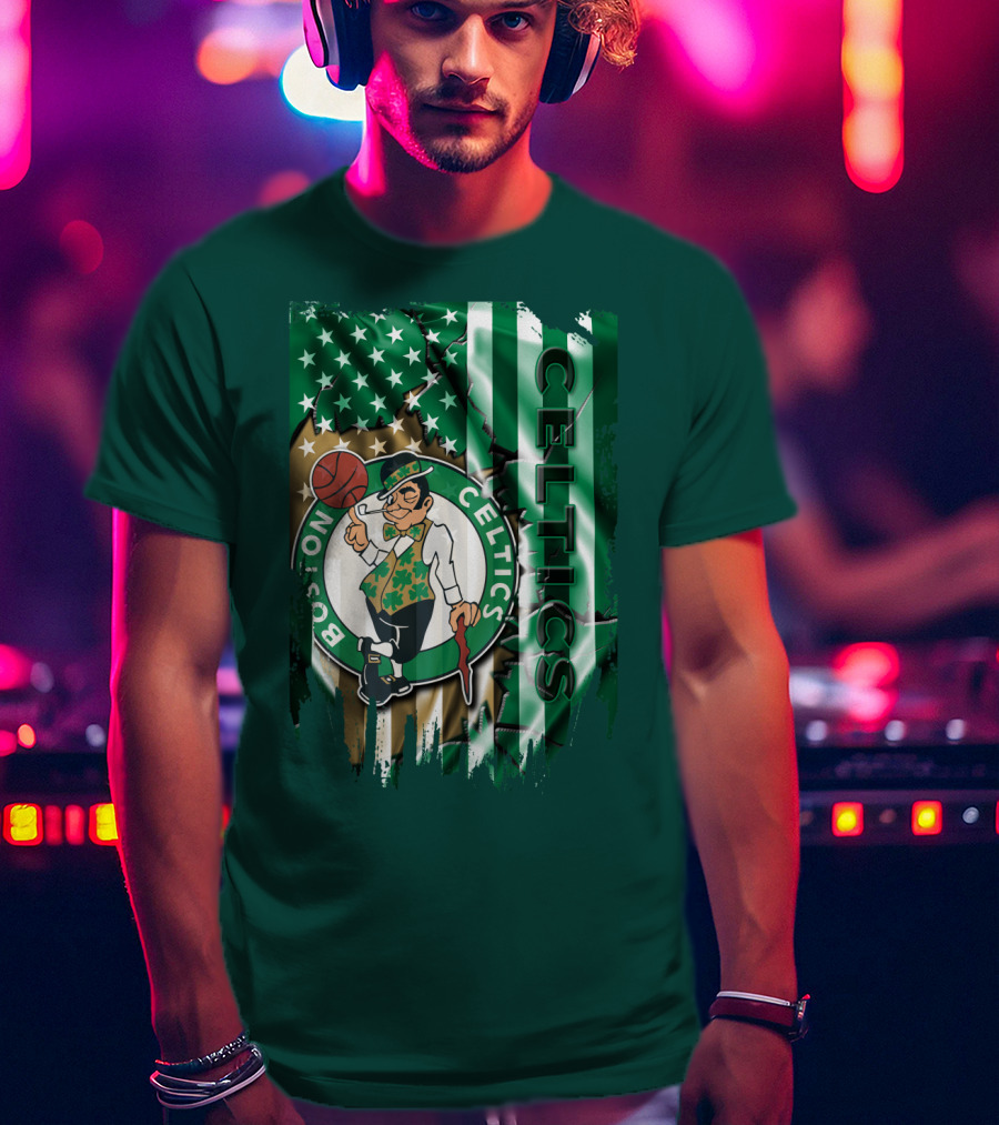 Boston Celtics Shamrock Leprechaun American Flag Basketball T-Shirt