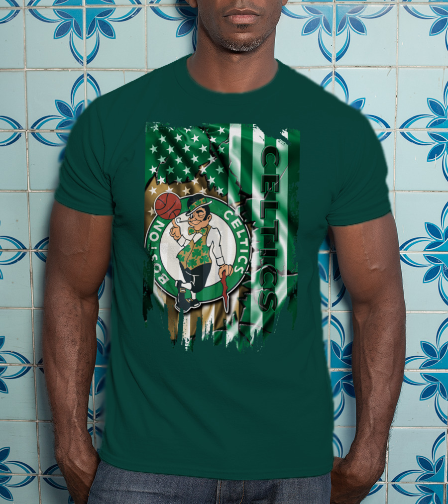 Boston Celtics Shamrock Leprechaun American Flag Basketball T-Shirt