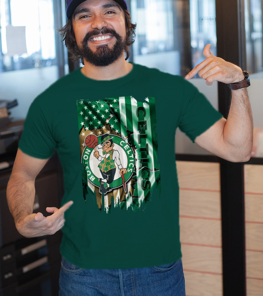 Boston Celtics Shamrock Leprechaun American Flag Basketball T-Shirt