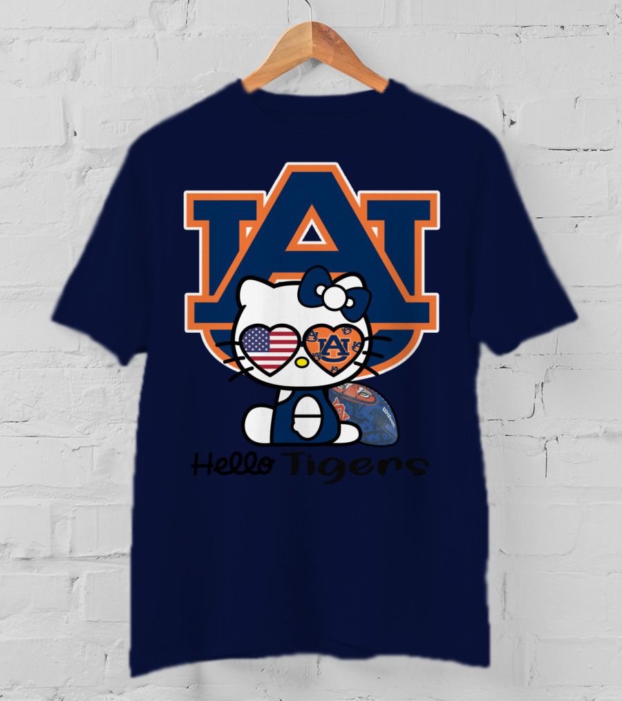 Hello Tigers Auburn Kitty Football American Flag T-Shirt