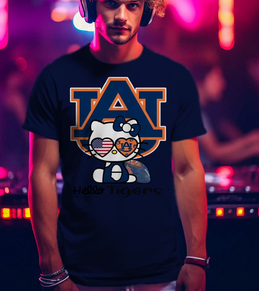 Hello Tigers Auburn Kitty Football American Flag T-Shirt