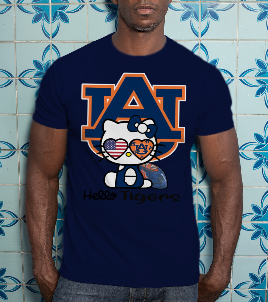 Hello Tigers Auburn Kitty Football American Flag T-Shirt