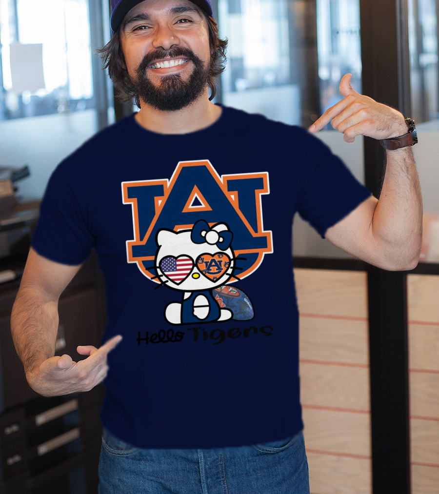 Hello Tigers Auburn Kitty Football American Flag T-Shirt