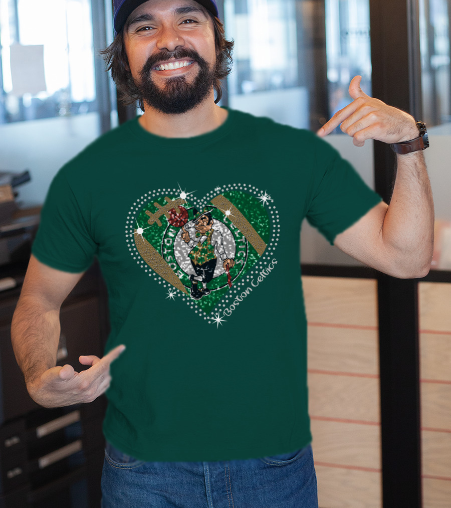 Boston Celtics Heart Logo With Sparkling Green And Gold Accents T-Shirt