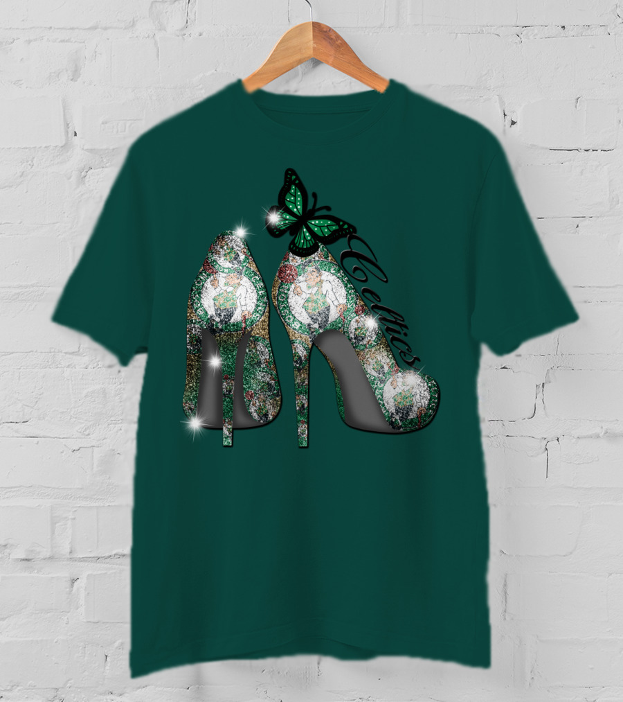Boston Celtics High Heels With Green Butterfly Sparkle T-Shirt