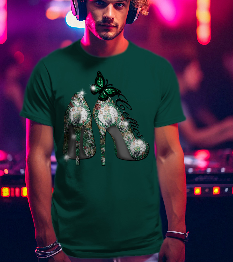 Boston Celtics High Heels With Green Butterfly Sparkle T-Shirt
