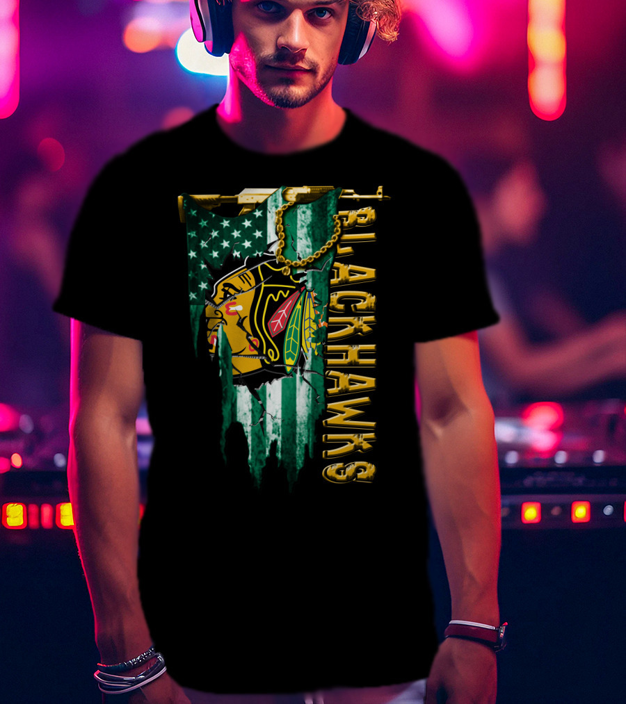 Blackhawks American Flag Style Tee T-Shirt