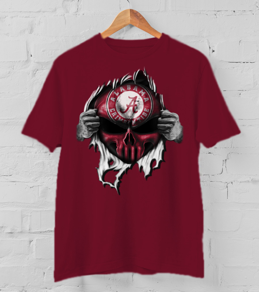 Alabama Crimson Tide Skull Emblem With Red And White Torn Fabric Effect T-Shirt