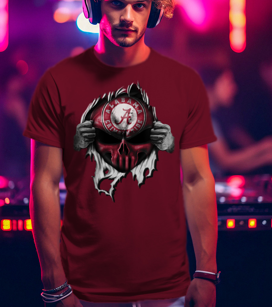 Alabama Crimson Tide Skull Emblem With Red And White Torn Fabric Effect T-Shirt