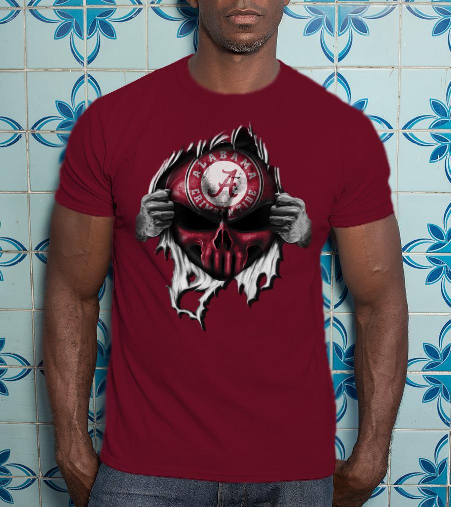 Alabama Crimson Tide Skull Emblem With Red And White Torn Fabric Effect T-Shirt