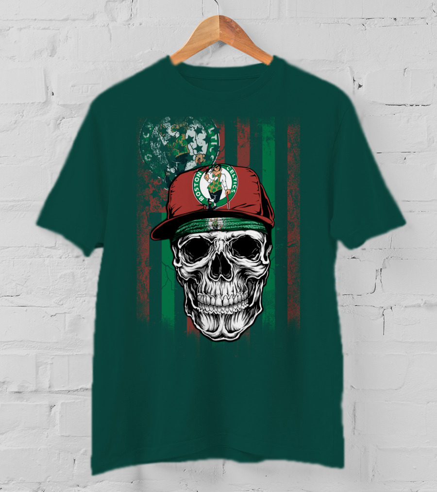 Boston Celtics Skull With Cap And Stripes T-Shirt