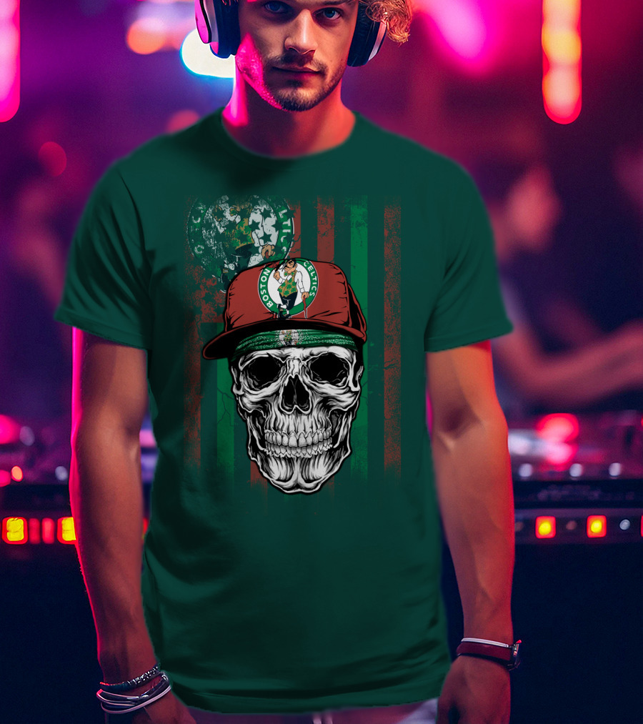 Boston Celtics Skull With Cap And Stripes T-Shirt
