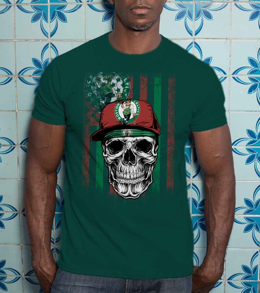 Boston Celtics Skull With Cap And Stripes T-Shirt