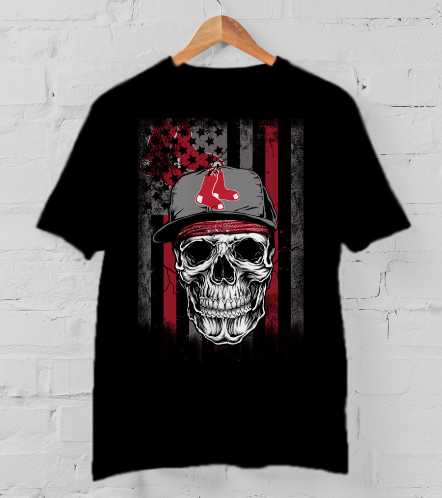 Boston Red Sox Skull With Cap And Stars And Stripes T-Shirt