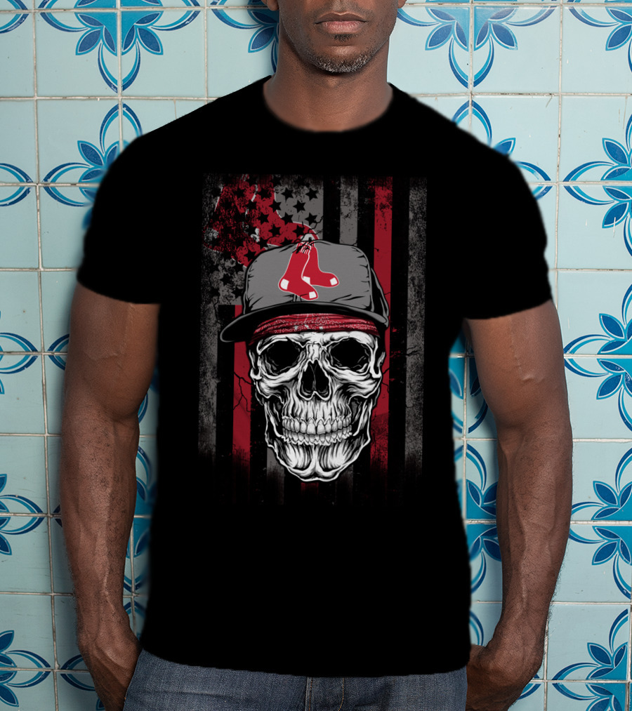 Boston Red Sox Skull With Cap And Stars And Stripes T-Shirt
