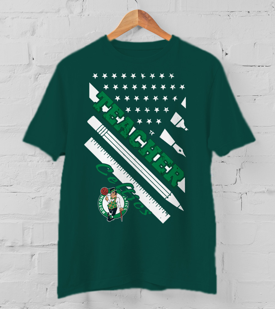 Boston Celtics Teacher Stars And Stripes Pencil Ruler T-Shirt