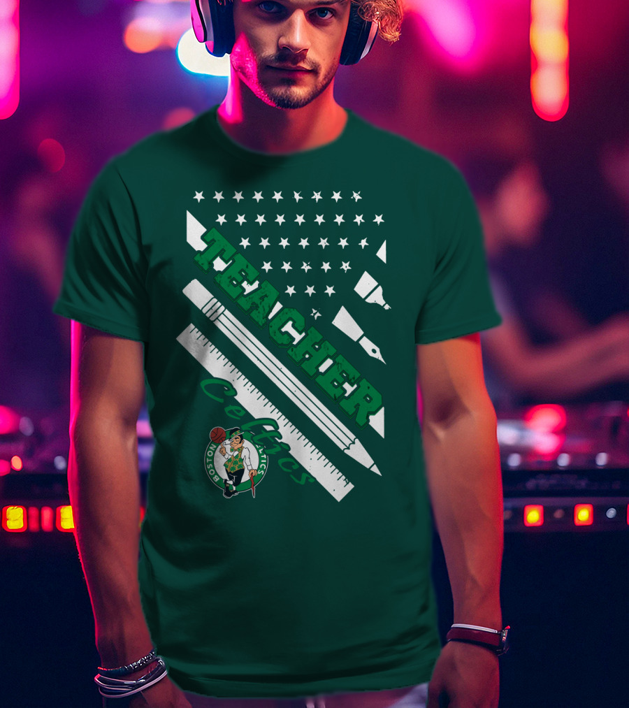 Boston Celtics Teacher Stars And Stripes Pencil Ruler T-Shirt