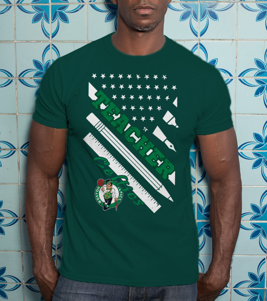 Boston Celtics Teacher Stars And Stripes Pencil Ruler T-Shirt