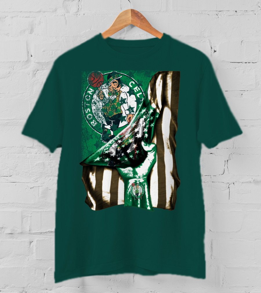 Boston Celtics Hand Lifting Flag With Lucky The Leprechaun And Basketball T-Shirt