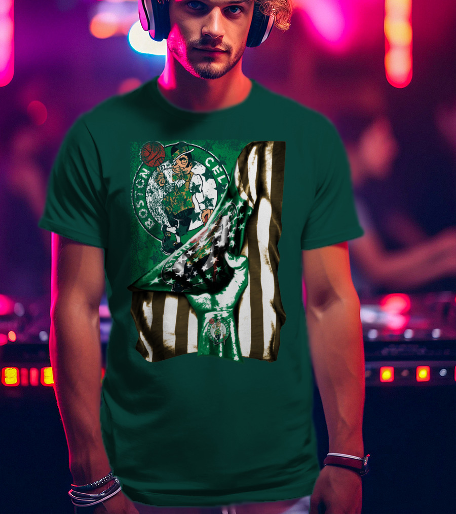 Boston Celtics Hand Lifting Flag With Lucky The Leprechaun And Basketball T-Shirt