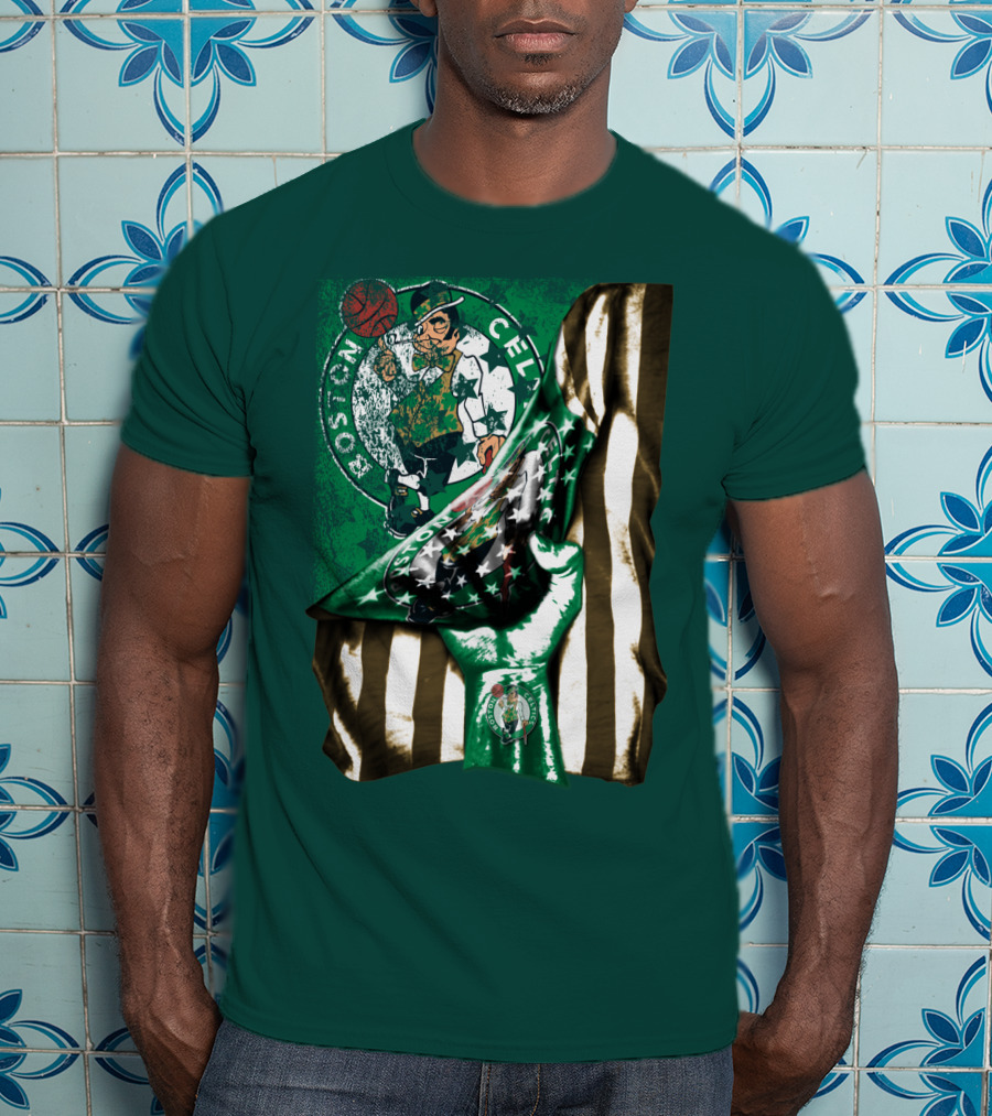 Boston Celtics Hand Lifting Flag With Lucky The Leprechaun And Basketball T-Shirt