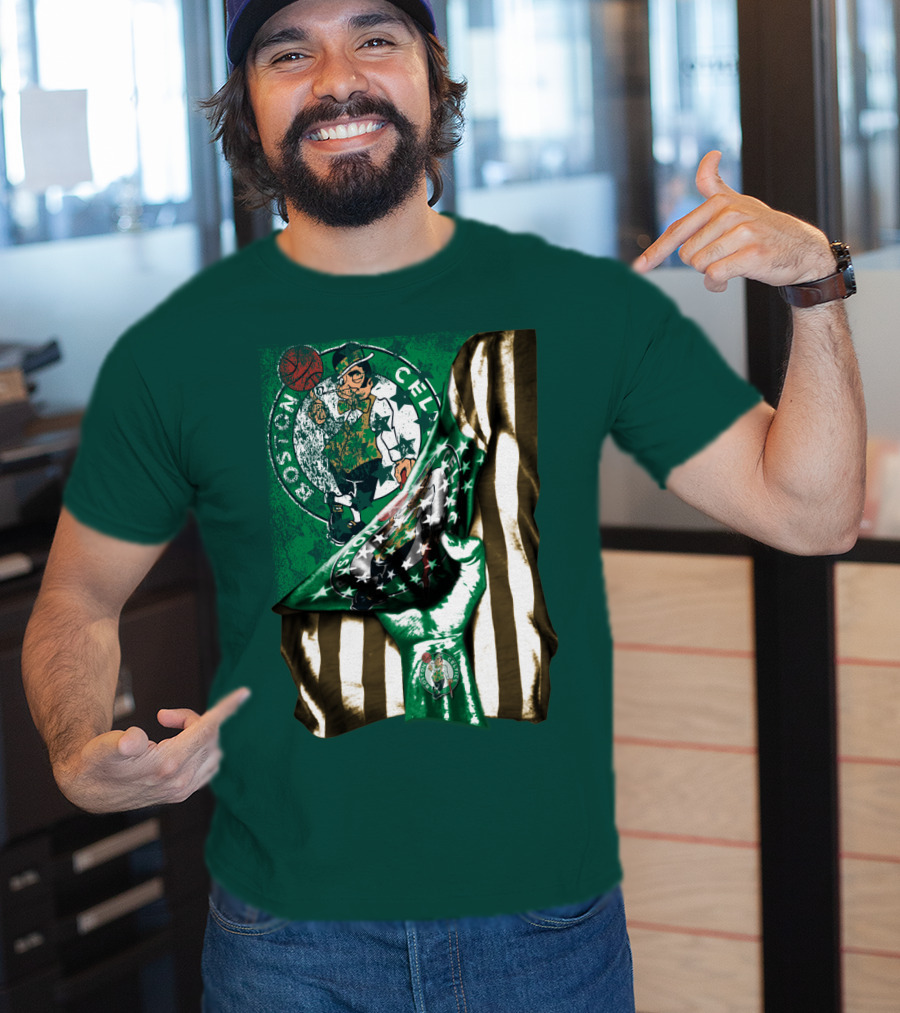 Boston Celtics Hand Lifting Flag With Lucky The Leprechaun And Basketball T-Shirt