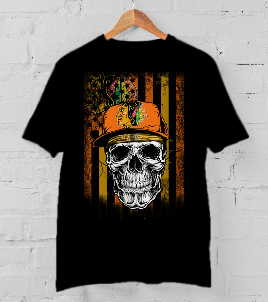 Chicago Blackhawks Skull With Hat And Feathered T-Shirt
