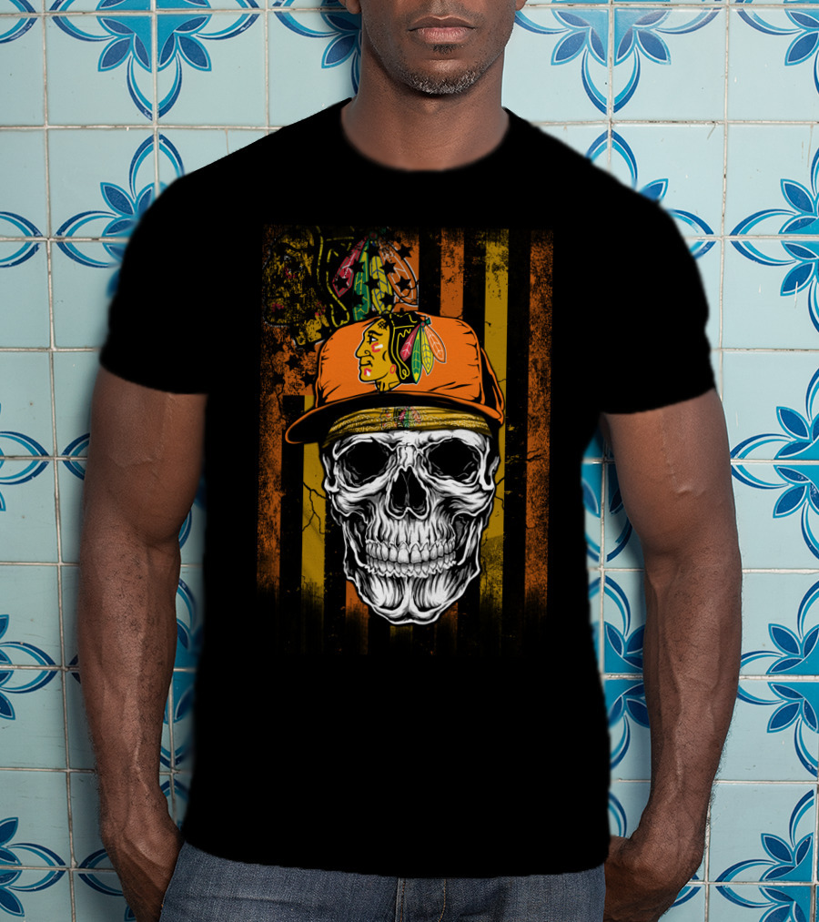 Chicago Blackhawks Skull With Hat And Feathered T-Shirt