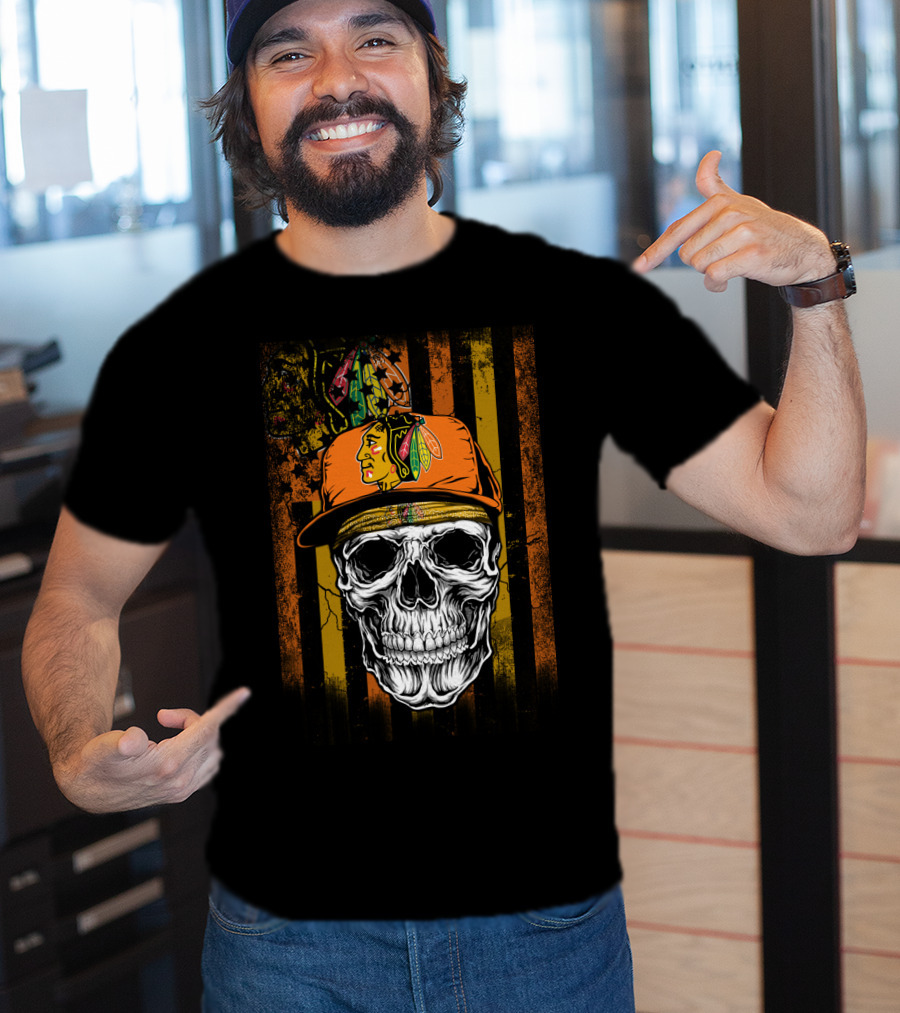 Chicago Blackhawks Skull With Hat And Feathered T-Shirt