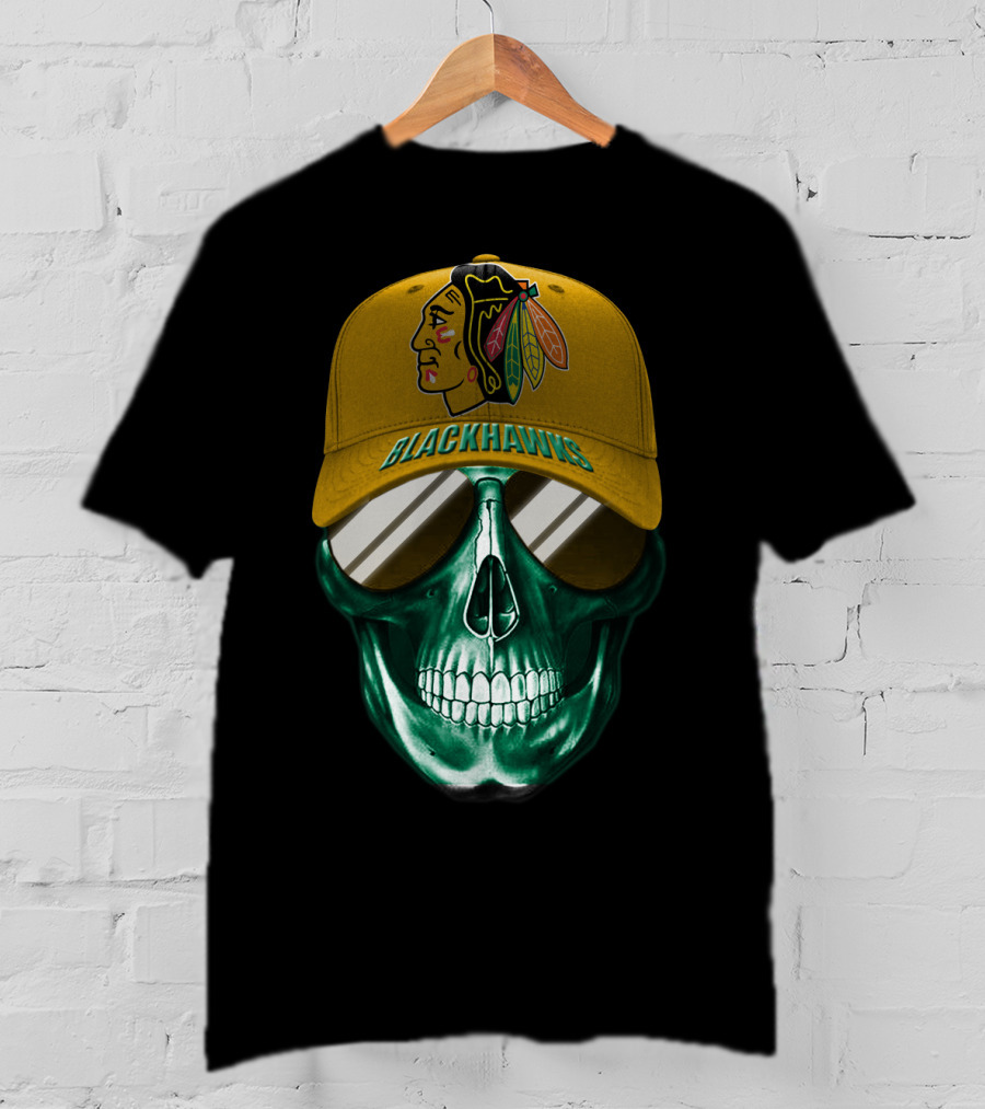 Chicago Blackhawks Skull With Iconic Logo And Cap T-Shirt