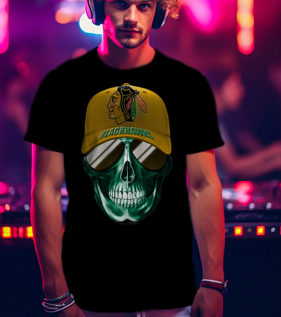 Chicago Blackhawks Skull With Iconic Logo And Cap T-Shirt