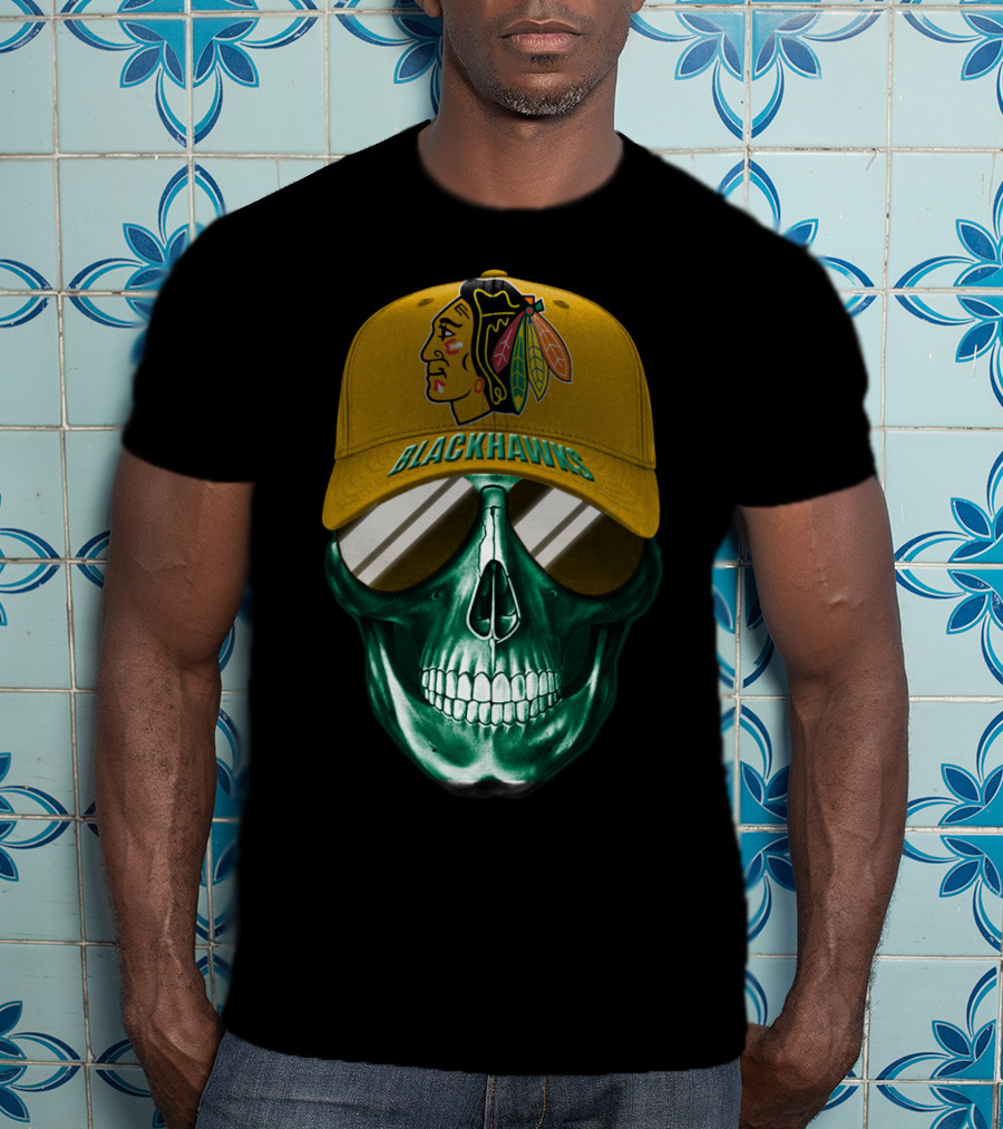 Chicago Blackhawks Skull With Iconic Logo And Cap T-Shirt