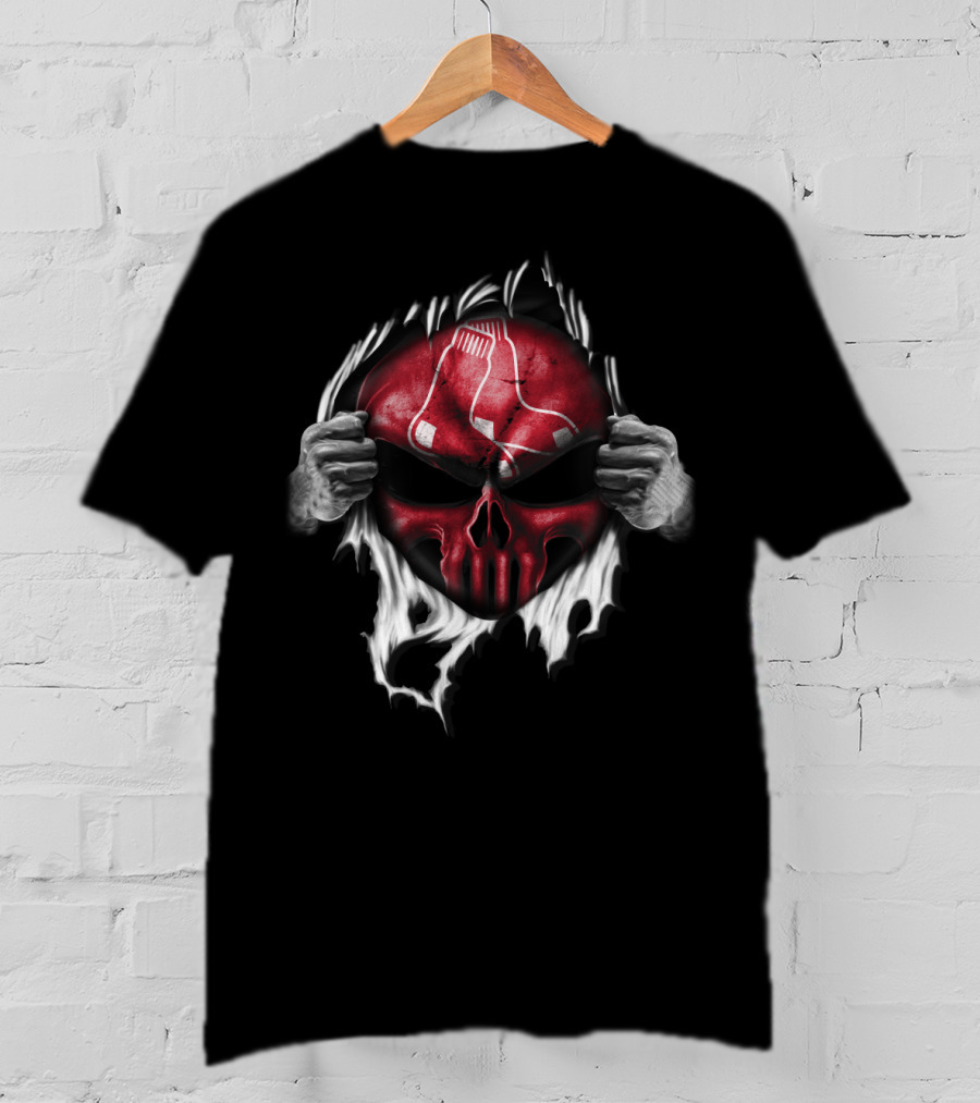 Boston Red Sox Skull Emblem With Hands Tearing T-Shirt