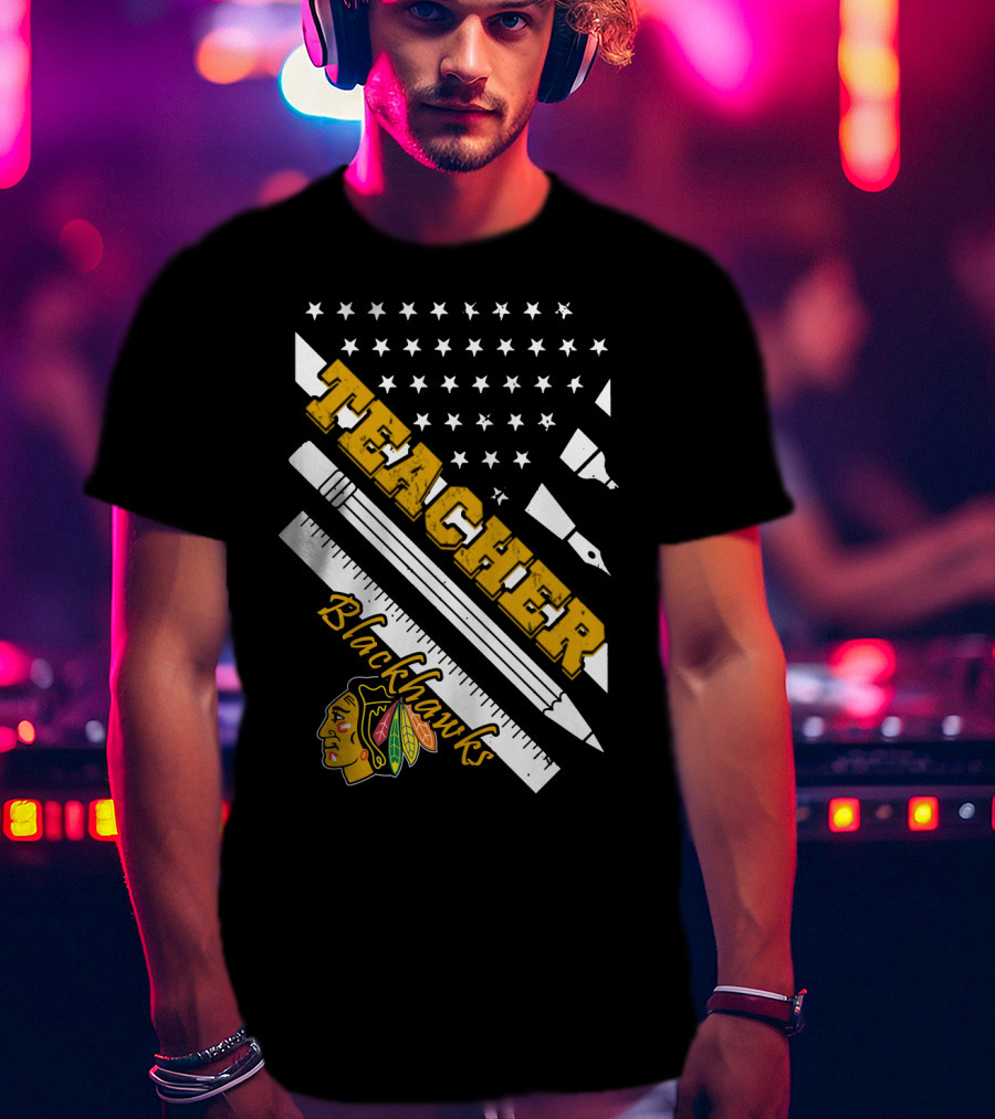 Blackhawks Teacher Usa Flag Pencil Ruler T-Shirt
