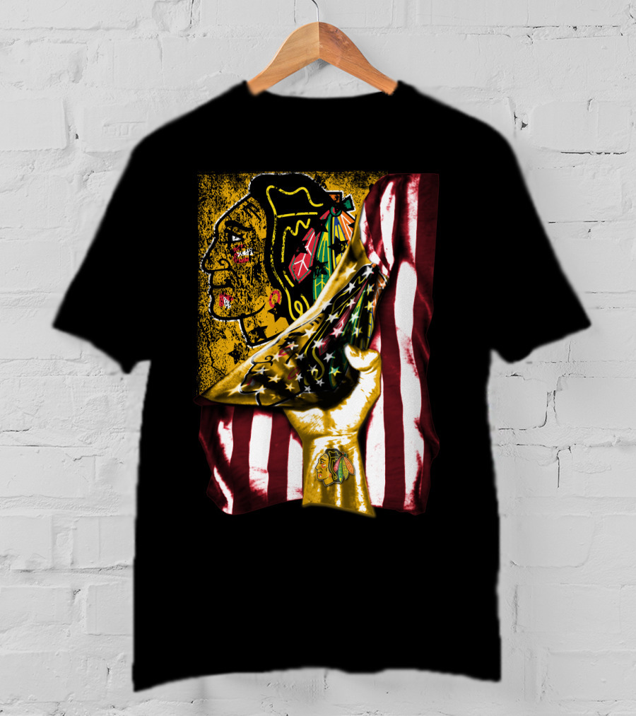 Chicago Blackhawks American Flag Hand Pulling Stars And Stripes With Team T-Shirt