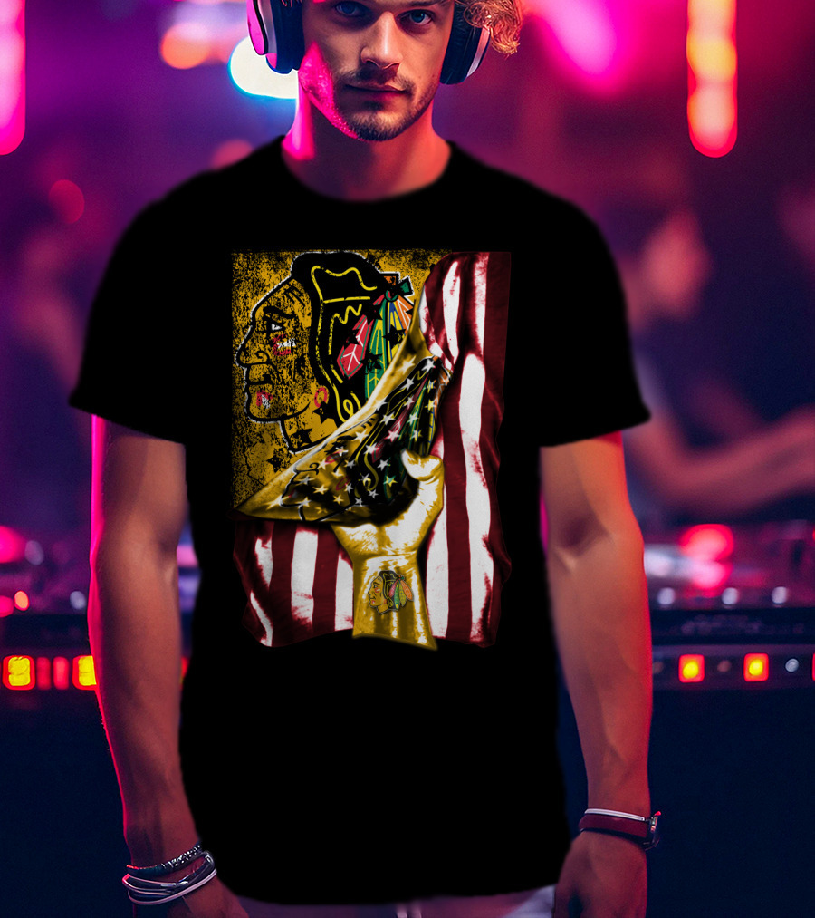 Chicago Blackhawks American Flag Hand Pulling Stars And Stripes With Team T-Shirt