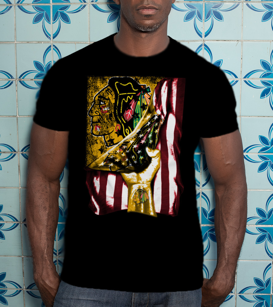 Chicago Blackhawks American Flag Hand Pulling Stars And Stripes With Team T-Shirt