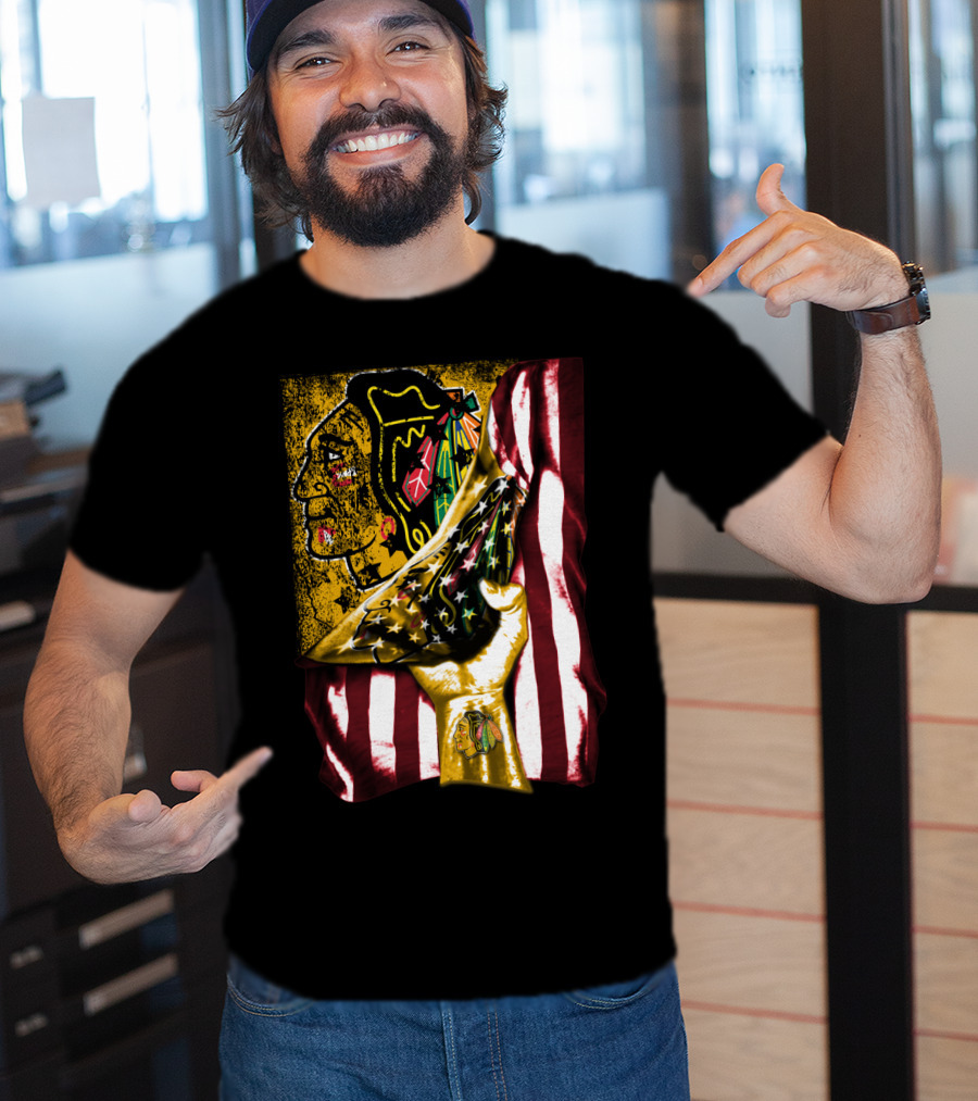 Chicago Blackhawks American Flag Hand Pulling Stars And Stripes With Team T-Shirt