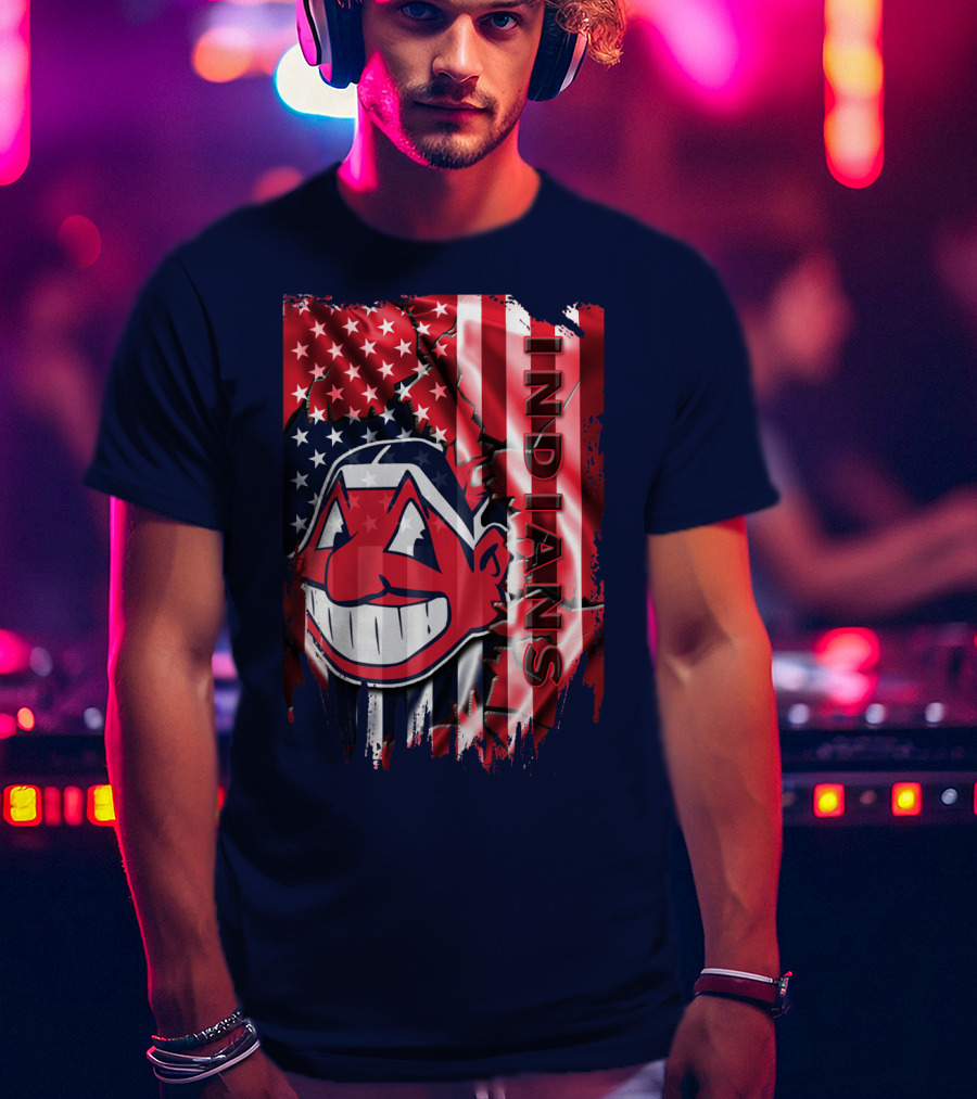 Cleveland Indians Chief Wahoo American Flag Patriotic Baseball T-Shirt