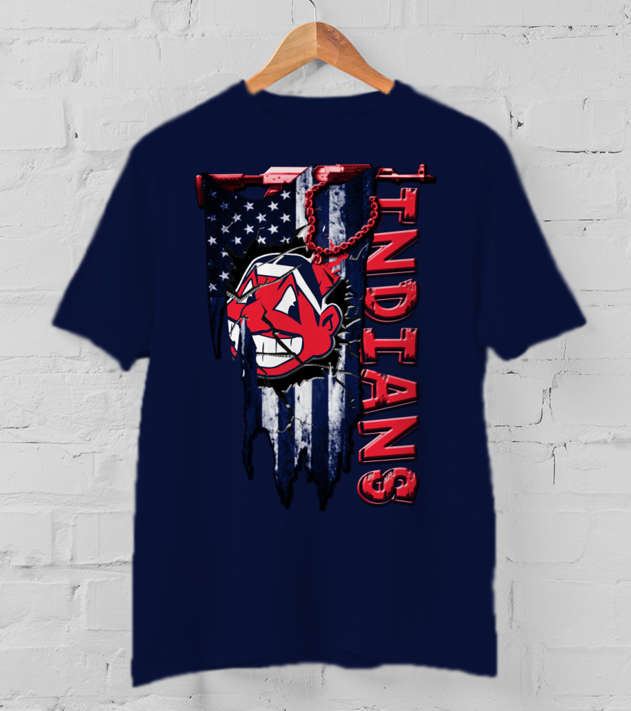 Cleveland Indians Vintage Chief Wahoo With American Flag And Red Chain T-Shirt