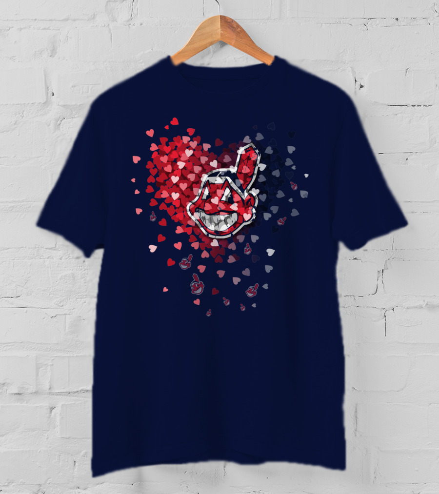 Cleveland Indians Heart Logo With Feathered Chief Wahoo In Blue And Red T-Shirt