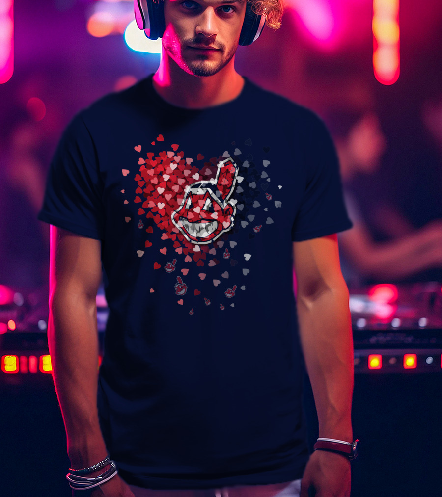 Cleveland Indians Heart Logo With Feathered Chief Wahoo In Blue And Red T-Shirt