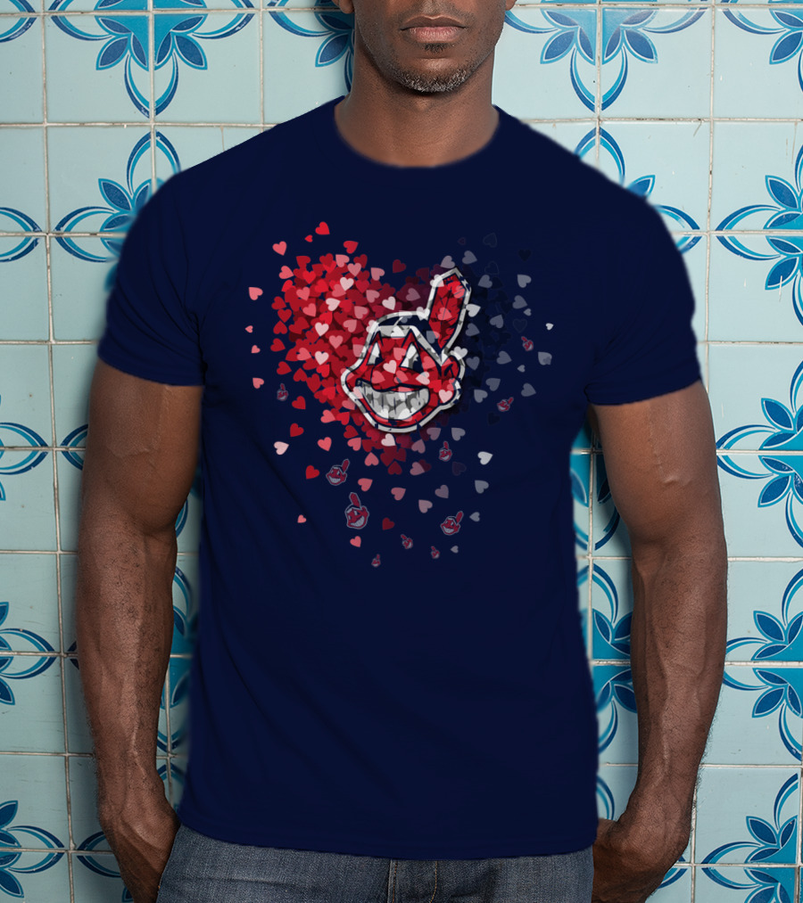 Cleveland Indians Heart Logo With Feathered Chief Wahoo In Blue And Red T-Shirt