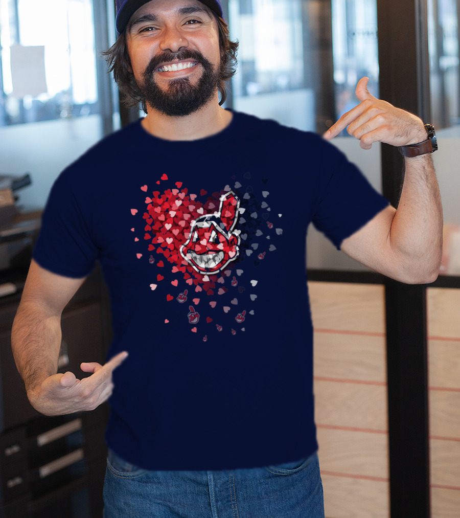 Cleveland Indians Heart Logo With Feathered Chief Wahoo In Blue And Red T-Shirt
