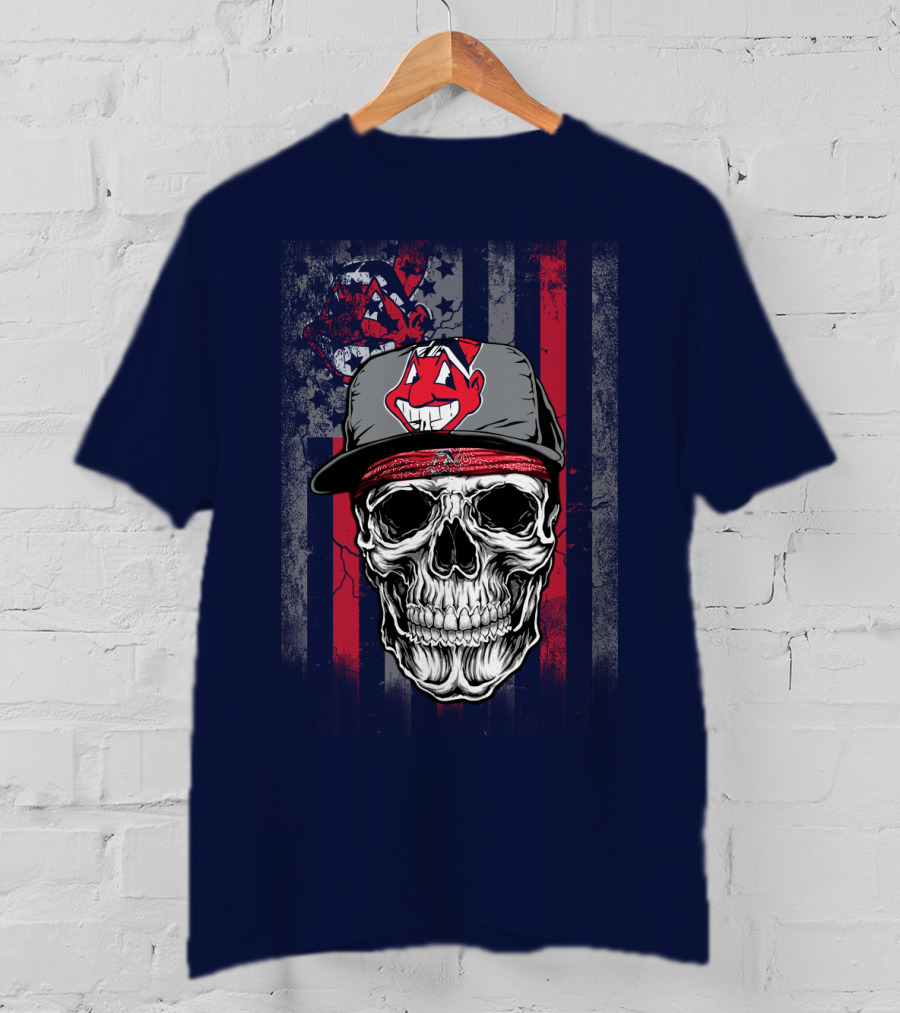 Cleveland Indians Skull Wearing Chief Wahoo Cap With American Flag T-Shirt